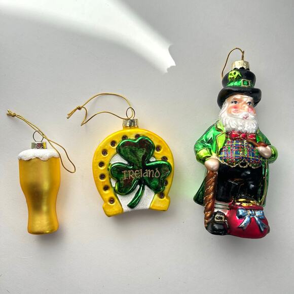 St. Patrick's Day Blown Glass Ornaments Beer Horseshoe Clover Leprechaun Ireland - Picture 2 of 10